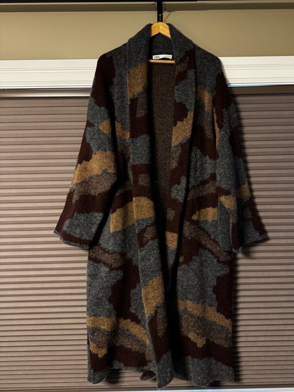 Zara Open-Front Knit Coatigan in Gray, Brown & Mustard